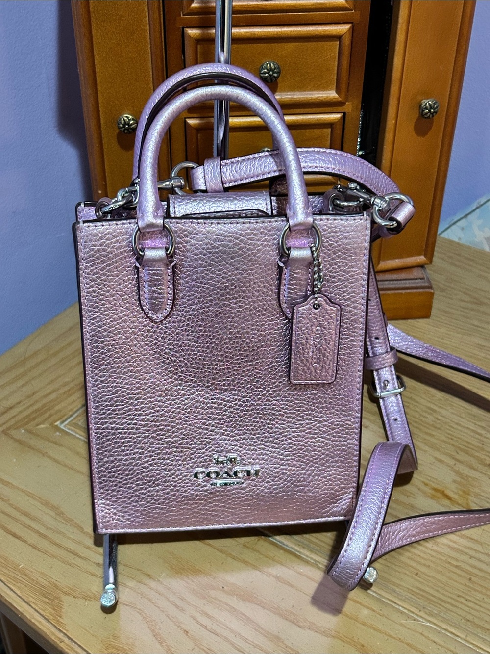 Coach North South Mini Tote Purse Bag in Metallic Lilac Purple Leather CP010
